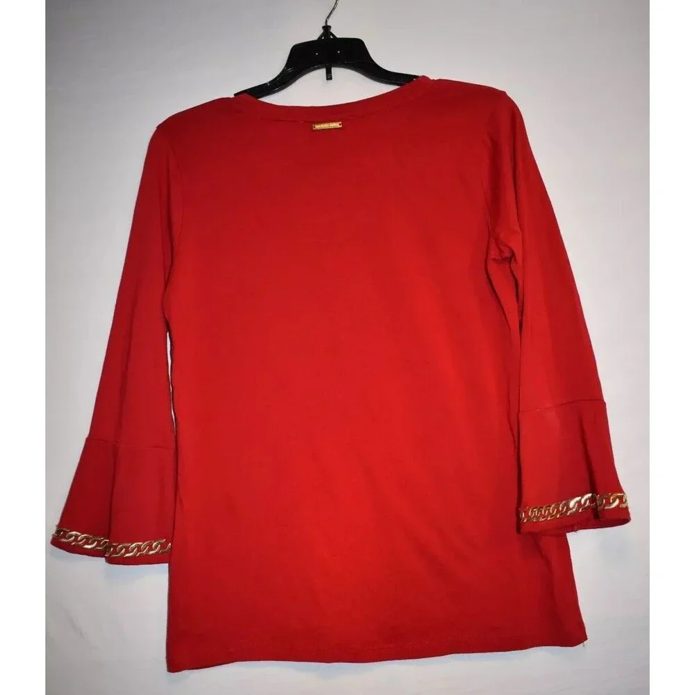 Michael Kors Gold  Studded  Top  Red Size Medium Bell Sleeves